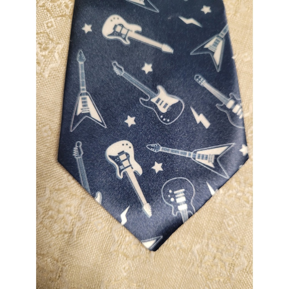 Mens Navy Rock N Roll Electric Guitar Funky Lightning Bolt‎ Music Man Necktie